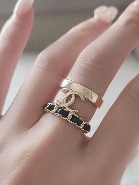 CHANEL Gold Tone Ring with Black Interwoven Chain and CC Motif